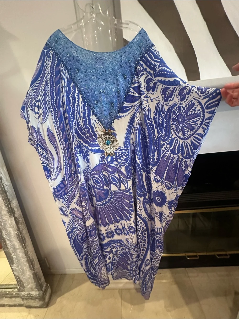 Camilla Blue Paisley kaftan 100% silk with Swarovski beads. Celebrity worn